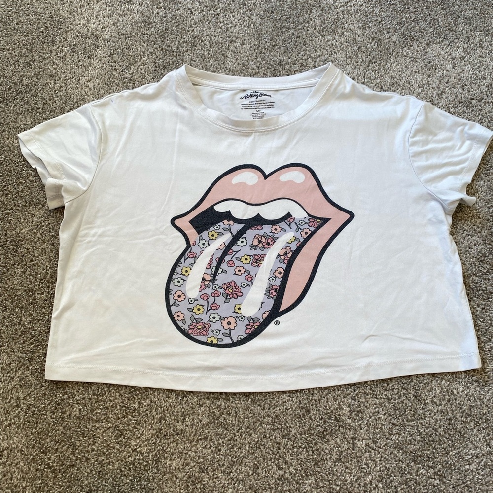 Bluenotes White Crop Tee with Pink & Floral Tongue Graphic
